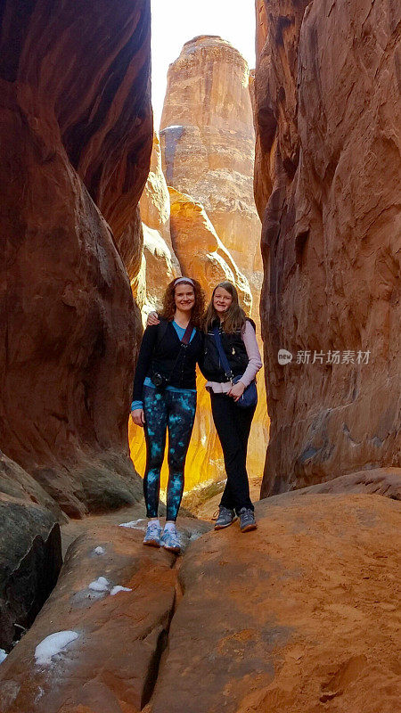 Two People Hiking, Slot Canyon, Fiery Furnace, Arches Park, Utah